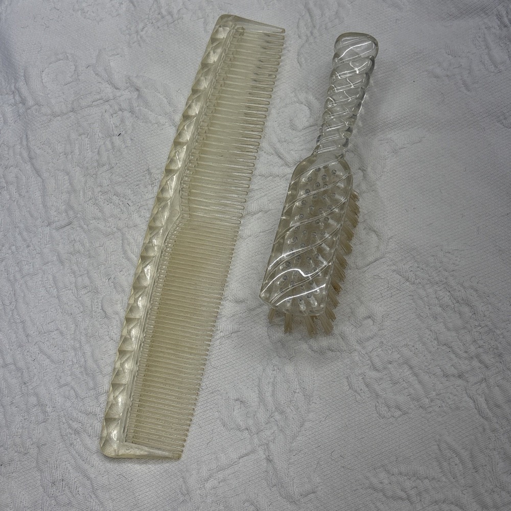 Vanity Hair Set Vintage Brush & Comb Clear Acrylic Lucite USA